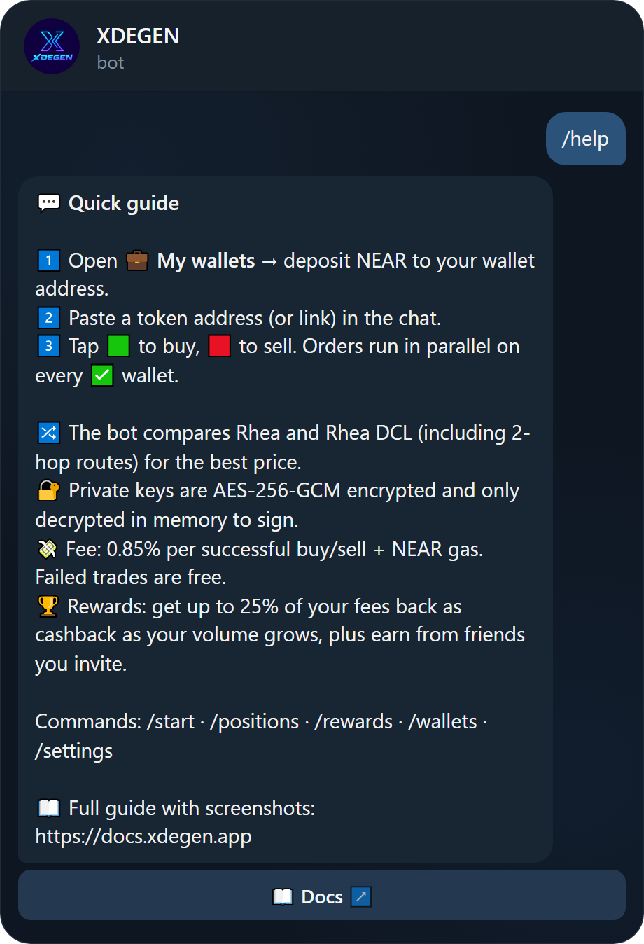 The help message in the bot