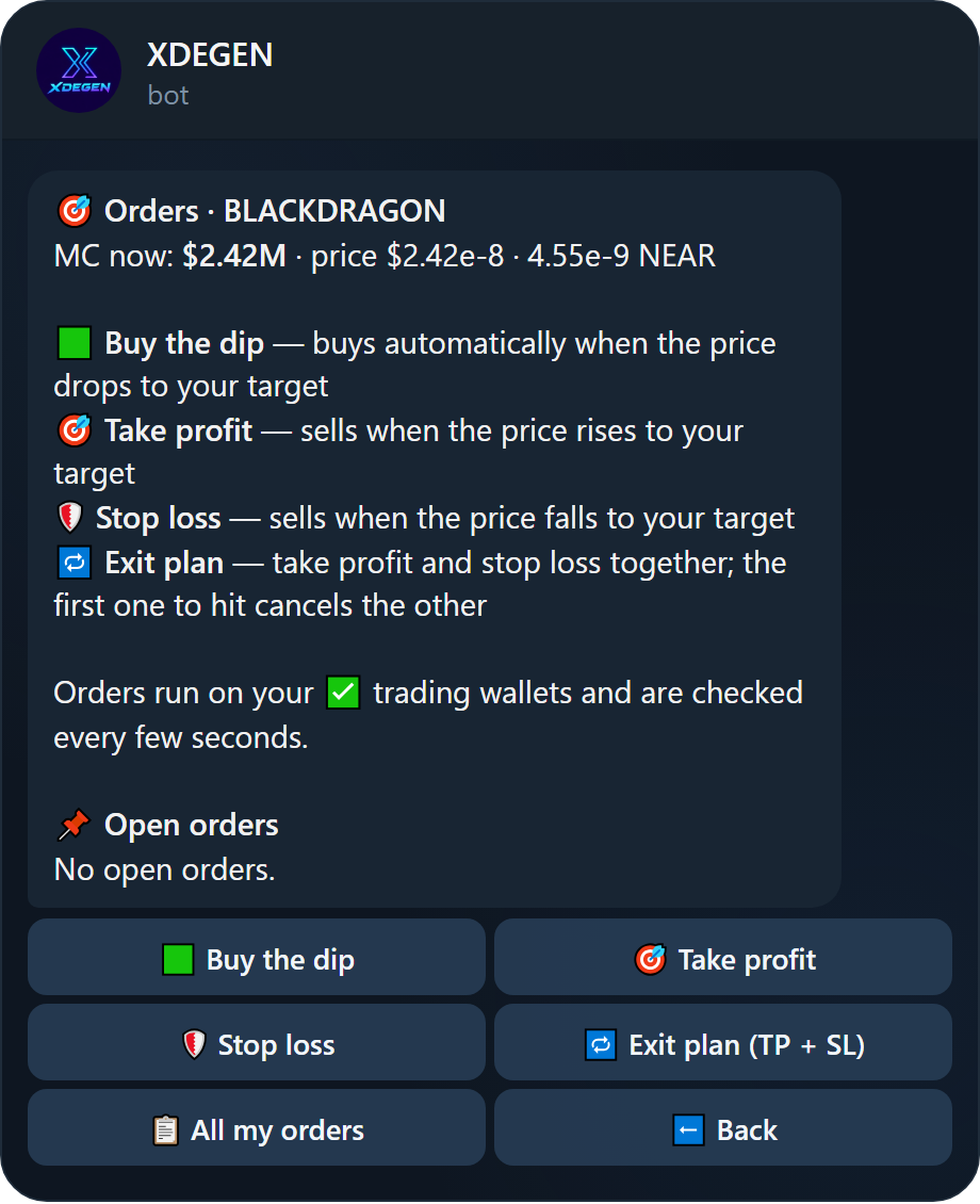Orders menu for a token
