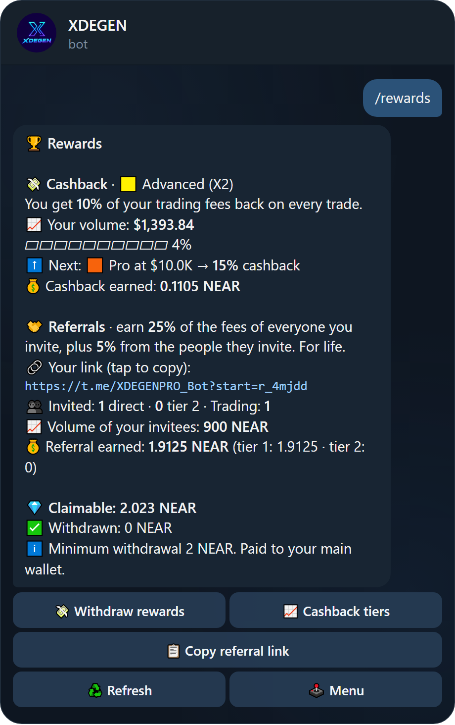 The Rewards screen in the bot