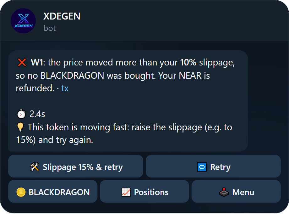 Trade cancelled because the price moved beyond slippage